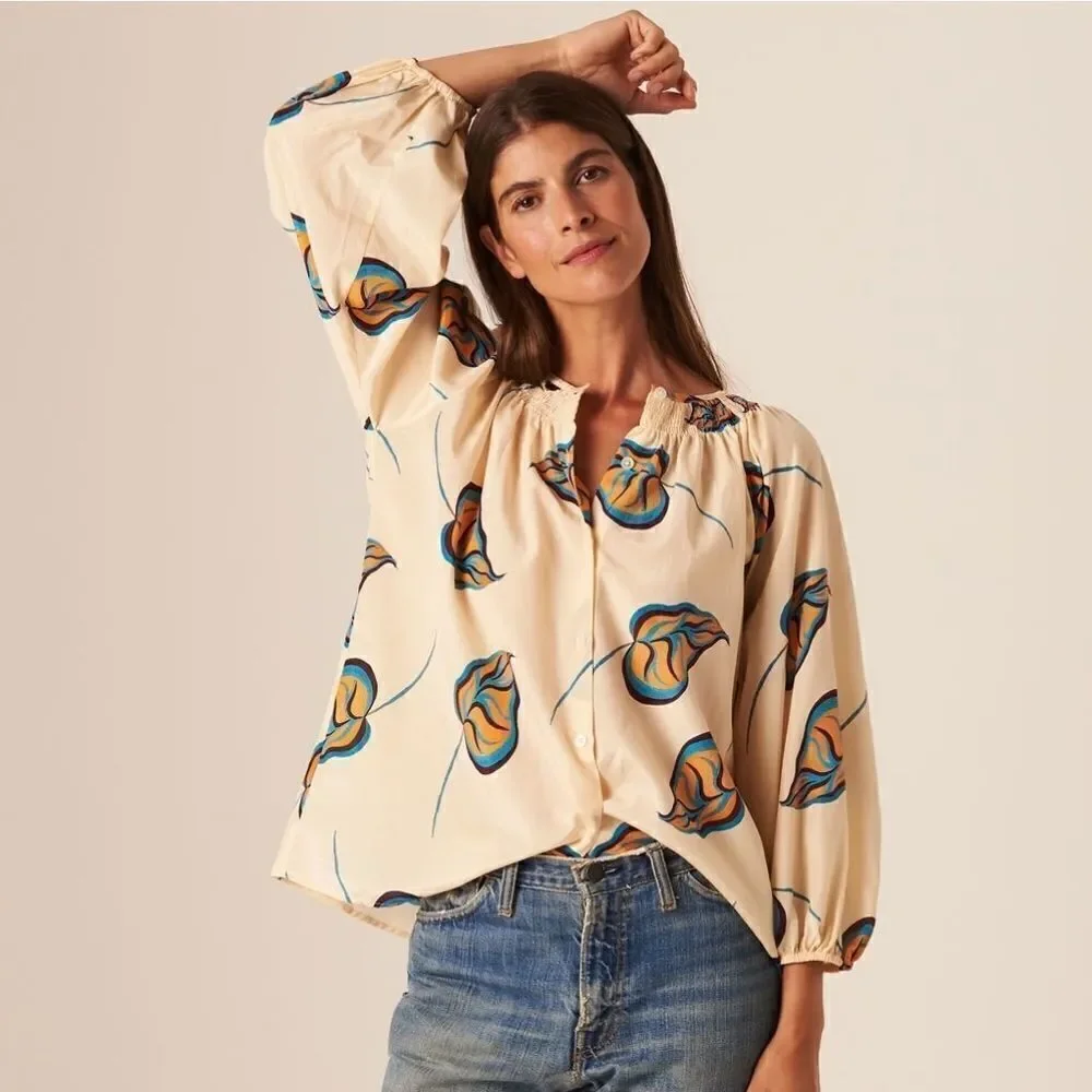 Tucker The Classic Blouse Ivory Begonias in Silk Cotton